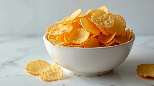  Bowl of crispy potato chips on a white marble countertop perfect for snacking