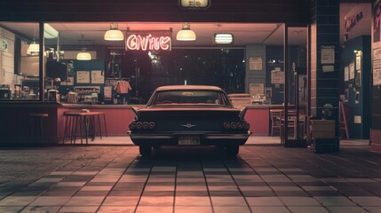 Classic car parked at night diner, neon glow