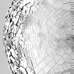 Fototapeta premium 3d render part of black and white monochrome surreal flying aluminium metal cyber ball or sphere with fractal octagon complex nano structure on surface in deformation process on light grey background
