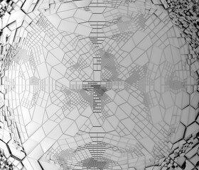 3d render part of black and white monochrome surreal aluminium metal cyber ball or sphere with fractal octagon complex nano structure with extruded parts on surface in deformation process 