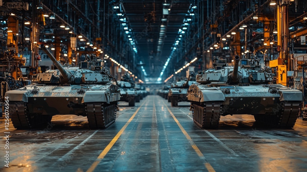 Poster a formidable lineup of military tanks stands ready within a sprawling industrial space, illuminated 