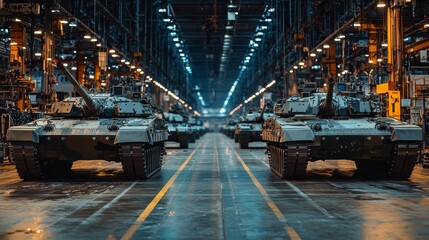 Naklejka premium A formidable lineup of military tanks stands ready within a sprawling industrial space, illuminated by overhead lights. The atmosphere reflects the power and precision of modern warfare preparations
