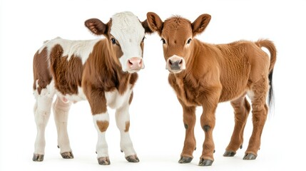 Fototapeta premium Two adorable calves standing side by side, showcasing their distinct colors and patterns in a bright, neutral setting during daytime
