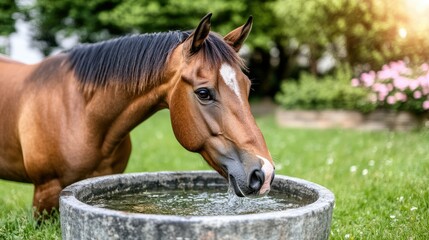 A horse quenches its thirst by drinking water from a rustic stone trough nestled within a vibrant garden on a beautiful, sunny afternoon