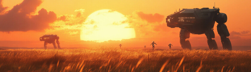 Obraz premium Golden sunset casting vibrant colors over a landscape with towering robots in the distance