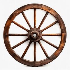 Old Wooden Wagon Wheel Isolated on White Background