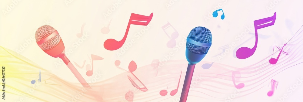 Poster minimalist k pop inspired design featuring vibrant microphones and floating music notes against a so