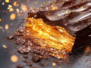 Decadent chocolate dessert closeup golden hour light food photography warm atmosphere rich textures indulgent experience