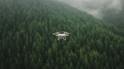 Drone aerial view forested mountain, fog