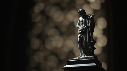 A classical statue of a muscular figure stands elegantly in soft focus, surrounded by blurred lights