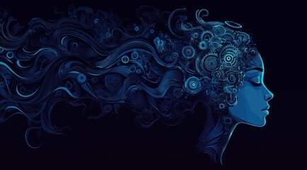 Abstract female profile with gears and cogs in the head, digital art style