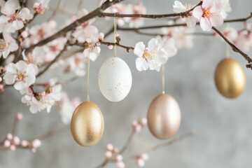Hanging Easter egg decorations on a spring cherry blossom tree branch. Home interior design decoration