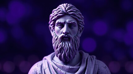 A detailed sculpture of a bearded figure against a vibrant purple bokeh background, conveying wisdom