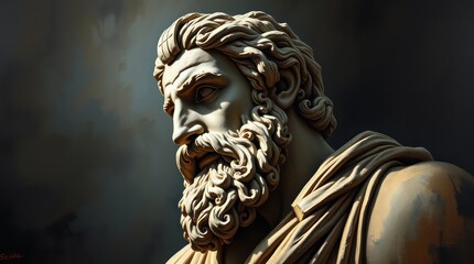 Detailed close-up of a classical sculpture depicting a bearded figure, showcasing intricate facial features and textures, set against a dark, dramatic background that enhances the statue's grandeur