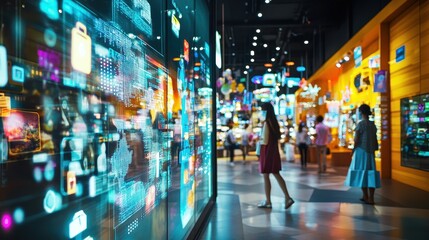 A vibrant marketplace where vendors and customers interact through floating digital interfaces, representing e-commerce.