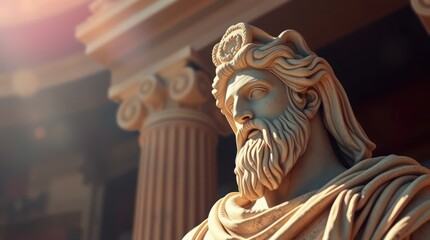 Majestic statue of a Greek deity in a classical architectural setting with sunlight illuminating details