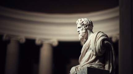 A detailed view of a classical marble statue representing a philosopher, illuminated softly, set against a backdrop of elegant columns, evoking a sense of wisdom and history