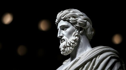 A close-up of a classical statue depicting a wise figure, illuminated against a dark background with soft bokeh lights