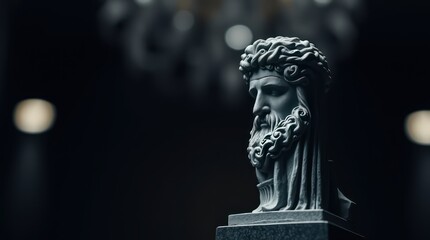 A detailed sculpture of a bearded figure in a dimly lit room with a chandelier in the background