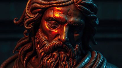 Close-up of a detailed, illuminated statue with intricate features and dramatic lighting effects