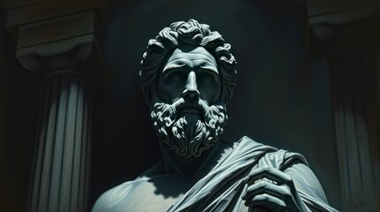 Majestic statue of a bearded figure in a classical setting, illuminated softly with shadows