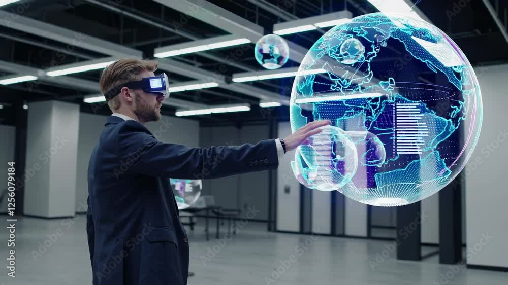 Poster exploring virtual reality technology in a modern office setting with interactive 3d models