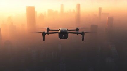 Drone flying over city at sunrise, aerial view