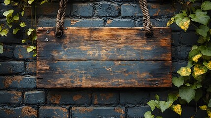 A blank wooden signboard hanging on a rustic brick wall showcasing a vintage aesthetic with soft natural lighting and ample copy space for various marketing advertising or messaging purposes