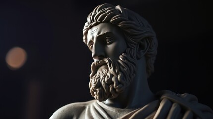 Detailed close-up of a classical statue depicting a bearded figure in soft lighting, exuding wisdom