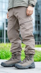 The trendy outdoor apparel features sturdy pants and fashionable boots, all set against a vibrant urban backdrop in broad daylight
