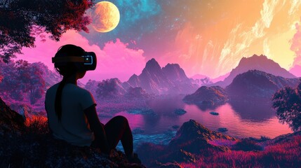 Obraz premium A person wearing a virtual reality headset with red lights and wires connected to the headset, suggesting advanced technology or a futuristic setting.