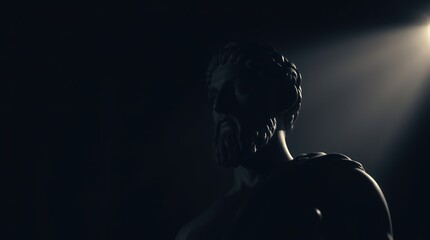 A dramatic close-up of a classical statue illuminated by a spotlight, showcasing intricate details