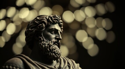 A detailed close-up of a classical statue depicting a bearded figure against a blurred, illuminated background