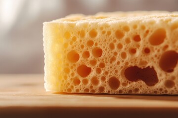Natural sponge with intricate textures highlighting its porous surface and vibrant yellow hue against a wooden background