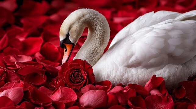 A graceful swan sits atop a bed of crimson rose petals, its wings forming a delicate heart shape while it holds a vibrant red rose in its beak.
