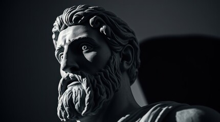 A close-up of a classical marble statue depicting a bearded figure, illuminated dramatically, suggesting contemplation