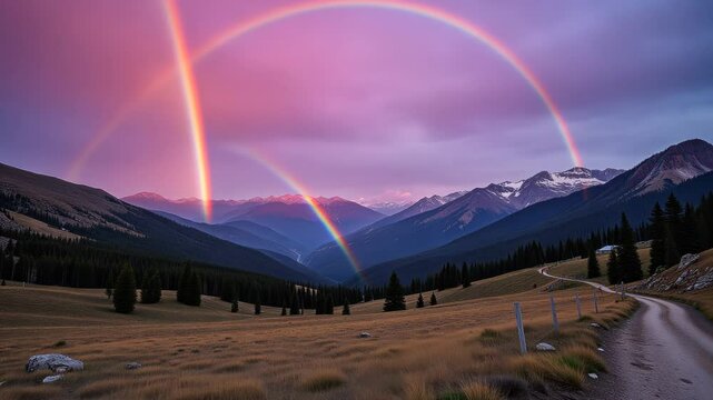  Spectacular sunset with a double rainbow illuminating the mountainous landscape