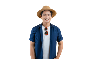 Portrait of a young Asian man wearing a tourist shirt, hat, and sunglasses posing on a yellow background