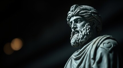 A detailed marble statue of a historical figure, illuminated dramatically in a museum setting