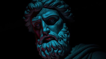 A striking close-up of a dramatic blue and red illuminated statue, showcasing intricate facial details and expressions
