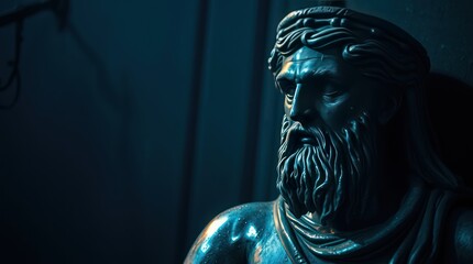 A close-up of a detailed statue of a bearded figure in a dimly lit environment, showcasing intricate features