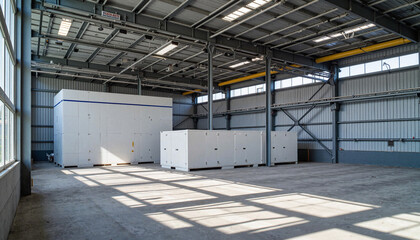 Modern industrial design in large factory hall with solid oxide fuel cells, innovation