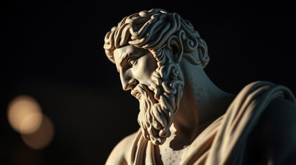 Close-up of a classical sculpture depicting a wise figure with a beard, illuminated dramatically against a dark background, evoking a sense of history and artistry