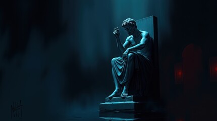 Contemplative statue in a dimly lit environment, surrounded by shadows and faint red lights