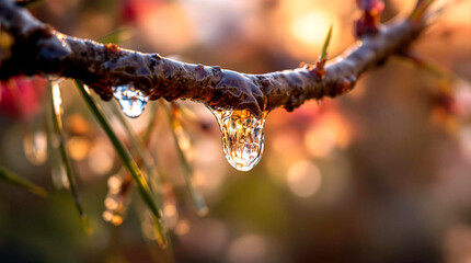 Fresh resin. Intricate resin drop glistening on branch in spring landscape, nature's beauty