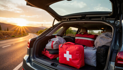 First aid kit on vacation. First aid kit in car trunk during road trip, travel safety