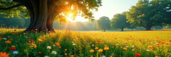 Obraz premium A field of wildflowers under oak trees in a serene landscape, nature, oak, sun