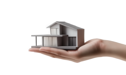 Holding a model of a small house on the outstretched palm