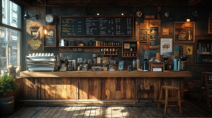 Sunny cafe interior, wooden bar, menu, city view
