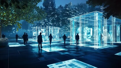 An immersive depiction of community spaces with vibrant plazas and interactive public art installations seamlessly integrated within the urban grid.
